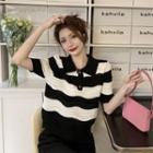 Short-sleeve Striped Knit Polo Shirt Stripes - Black & White - One Size
