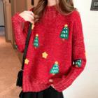 Mock-turtleneck Christmas Tree Print Sweater