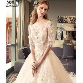 Flower Applique Elbow-sleeve Ball Wedding Dress