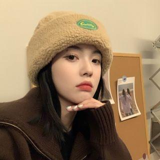 Lettering Applique Faux Shearling Beanie