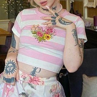 Short-sleeve Striped Floral Print Cropped T-shirt