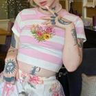 Short-sleeve Striped Floral Print Cropped T-shirt