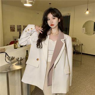 Mock Two-piece Double-breasted Blazer Beige - One Size