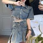 Short-sleeve Tassel Trim Crop Denim Shirt / Pleated A-line Denim Skirt