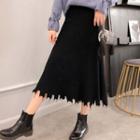 Frayed A-line Midi Knit Skirt