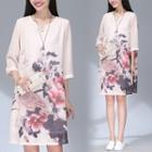 Floral Print Split-neck Elbow-sleeve Dress