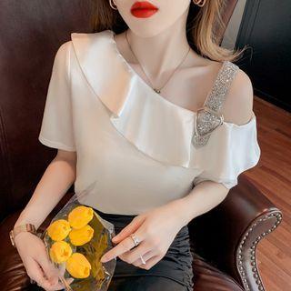 Cold-shoulder Rhinestone Ruffle Blouse