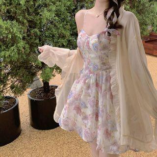 Spaghetti Strap Floral Mini A-line Dress / Ruffle Light Jacket / Set