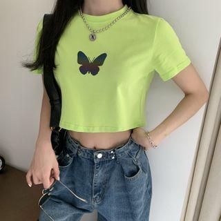 Short-sleeve Butterfly Print T-shirt / Cropped T-shirt