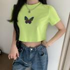 Short-sleeve Butterfly Print T-shirt / Cropped T-shirt