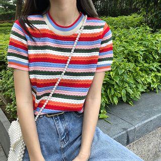 Color-block Striped Short-sleeve Knit Top As Figure - One Size