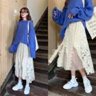 Plain Round Neck Loose-fit Sweater / Lace Midi Skirt