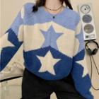 Color Block Star Cropped Sweater Blue - One Size