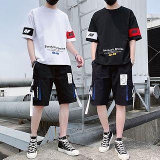 Set Of 2: Lettering Short-sleeve T-shirt + Cargo Shorts