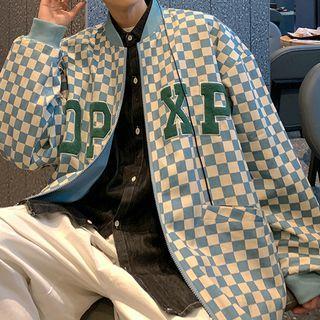 Two Way Embroidered Check Zip Jacket