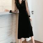 Mesh Sleeve Lace Trim A-line Midi Velvet Dress