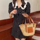 Short-sleeve Dotted Mini A-line Dress Black - One Size