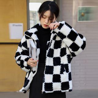 Checkerboard Fluffy Zip-up Jacket