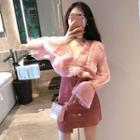 Layered Collar Blouse / Faux-leather A-line Skirt