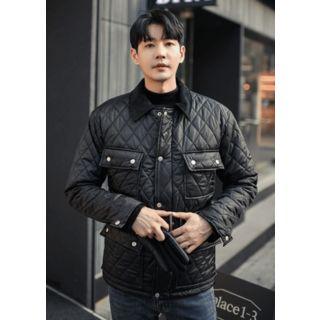 Corduroy-collar Quilted Jacket With Belt