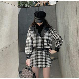Mock-neck Long-sleeve Top / Plaid A-line Skirt / Biker Jacket
