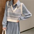 Patterned Sweater Vest / Long-sleeve Midi A-line Shirt Dress