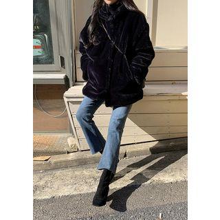 Snap-button Hooded Eco Fur Jacket