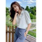 Puff-sleeve V-neck Flap Blouse