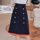 Contrast Trim Double-buttoned Midi Skirt
