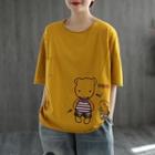 Distressed Animal Embroidered Elbow-sleeve T-shirt