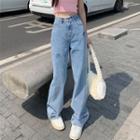 High-waist Rose Petal Print Straight-cut Jeans