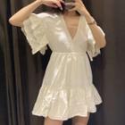 Short-sleeve Eyelet Lace Smocked A-line Mini Dress