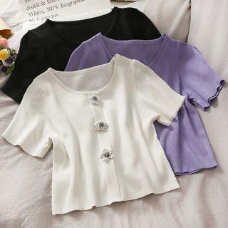 Flower-accent Short-sleeve Crop Knit Top