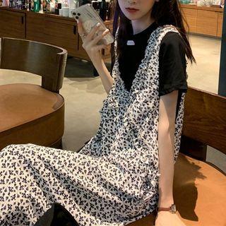 Short-sleeve T-shirt / Ruffled Floral Print Overall Dress
