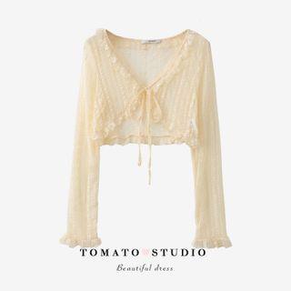 V-neck Plain Striped Ruffle Drawstring Cardigan