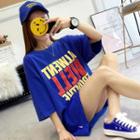 Lettering Printed Elbow-sleeve Tunic T-shirt