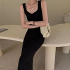 Plain Slit Slim Fit Midi Dress Black - One Size