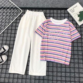 Set: Striped Short-sleeve T-shirt + Plain Wide-leg Pants