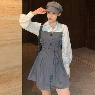 Mock Two-piece Long-sleeve Sashed Dress
