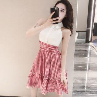 Sleeveless Ribbon Gingham Paneled A-line Dress