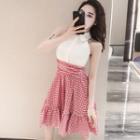 Sleeveless Ribbon Gingham Paneled A-line Dress