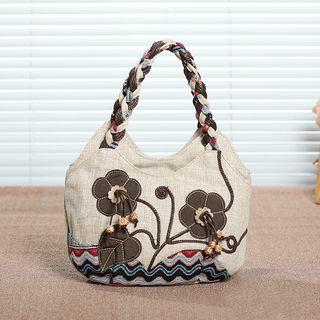 Flower Applique Woven Handle Tote Bag Khaki - One Size