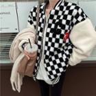 Long-sleeve Checkerboard Baseball Jacket Black & White - One Size