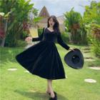 Long-sleeve V-neck Velvet Midi A-line Dress Black - One Size