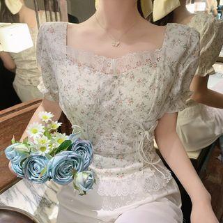 Short-sleeve Floral Print Lace Trim Top