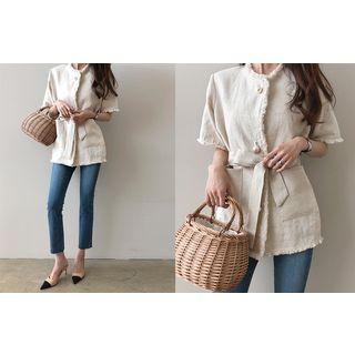 Fringed-trim Linen Jacket With Sash
