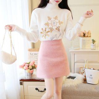 Snowflake Embroidered Mock-turtleneck Sweater / Plain Mini A-line Skirt / Set