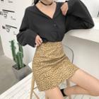 V-neck Chiffon Shirt/ Leopard Print Mini A-line Skirt