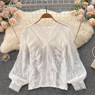 V-neck Ruffle Lace Long-sleeve Top