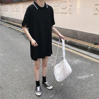 Elbow-sleeve Polo Dress Black - One Size